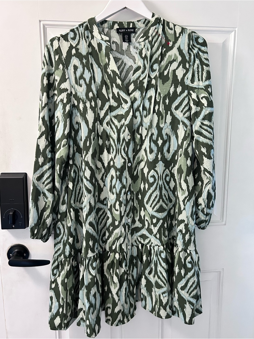 Ruby and Remi Olive Ikat Print Button-Tier Mini Dress